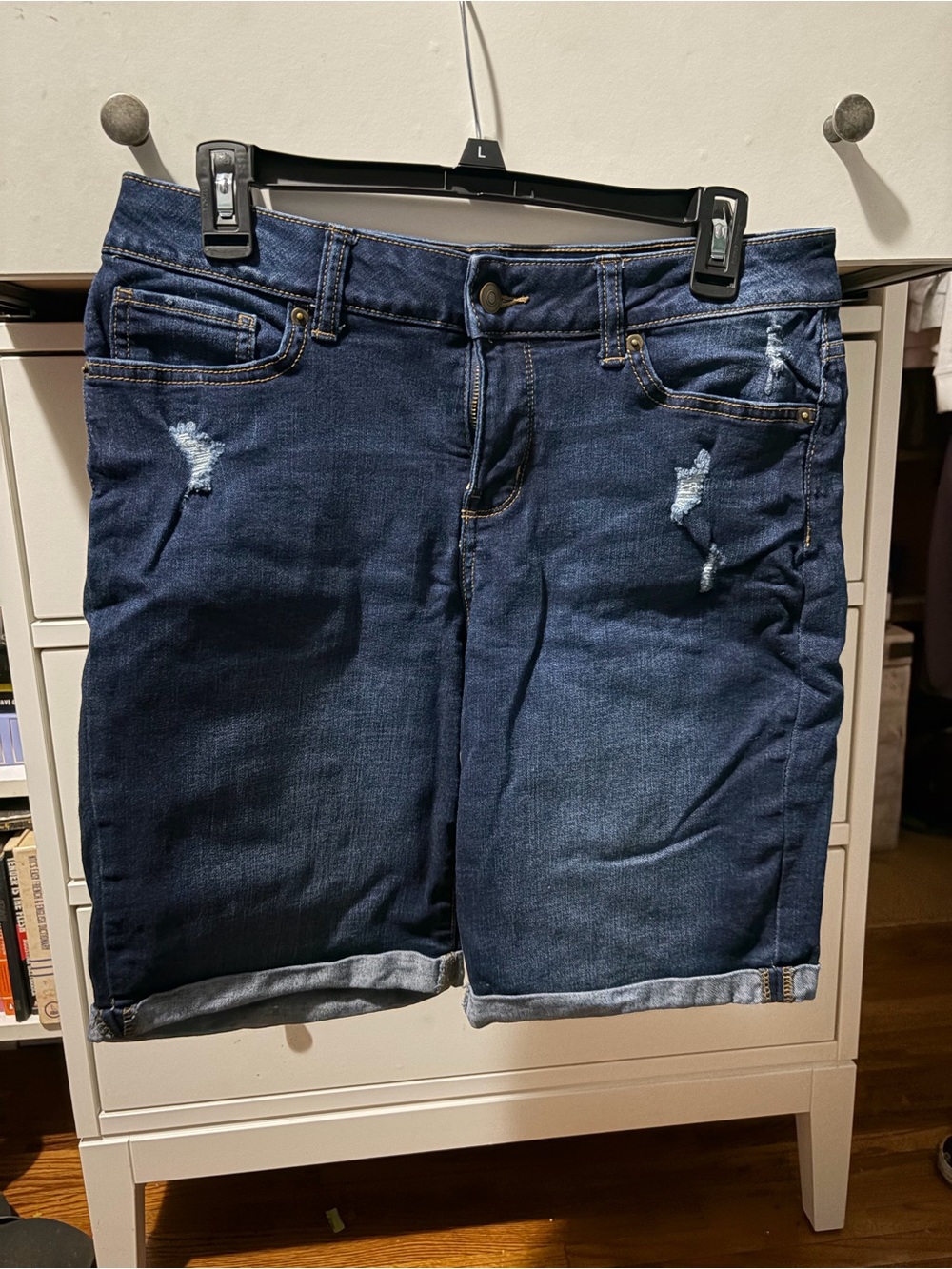 Time and Tru Dark Indigo Distressed Denim Bermuda Shorts